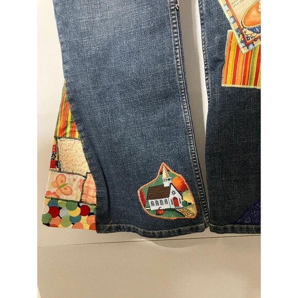 Women's Jones New York Denim Bell Bottom Jeans Sz 6 Custom Patchwork Characters - Picture 9 of 16